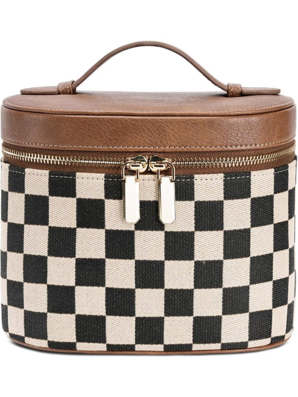 Checkered Makeup Bag with Compartments & Handle - Portable Cosmetic Organizer